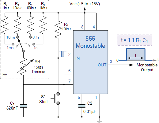 switchable monostable 555 timer